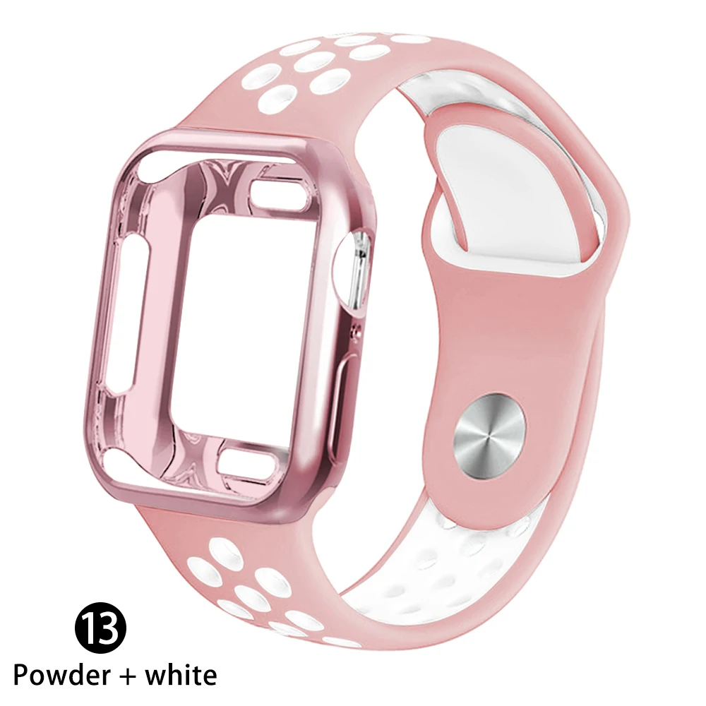 Чехол+ ремешок для apple Watch 5 ремешок 42 мм 38 мм 40 мм 44 мм спортивный силиконовый браслет для apple iwatch series 5 4 3 2 1 Аксессуары - Цвет ремешка: Powder    white