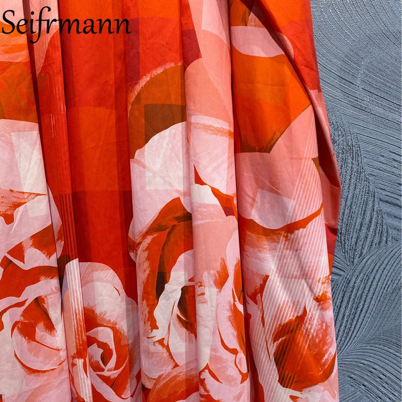

Seifrmann New 2021 Summer Women Fashion RunwayParty Cotton Dress Sexy V-Neck High Waist Floral Printed Ladies A-Line Dresses