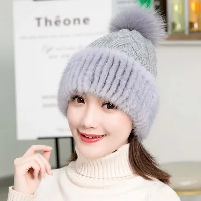 light grey Glaforny шерстяная шапка бини зимняя норковая меховая шапка женская Корейская версия Милая вязаная шапка из лисьего меха теплая шапка-бомбер - Цвет: light grey