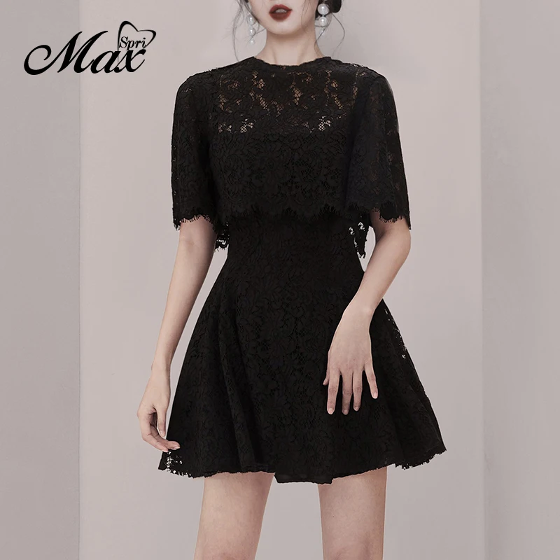 

Max Spri 2020 Spring New Women O Neck Short Top Sling Lace A-line Slim Mini Dress Two-Piece Set Elegant Party Fashion Vestidos