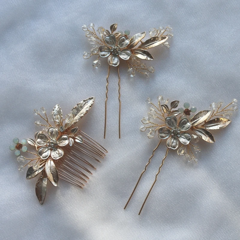 

Delicate Small Comb Gold Floral Bridal Hair Pins Clips Handmade Leaf Women Headpiece Wedding Accessories