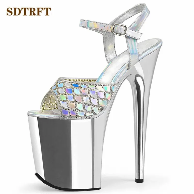 New 2021 Catwalk Shows stiletto Ankle Strap 8 inch Sandals 20cm Thin High-Heeled shoes Women's Electroplated Waterproof pumps