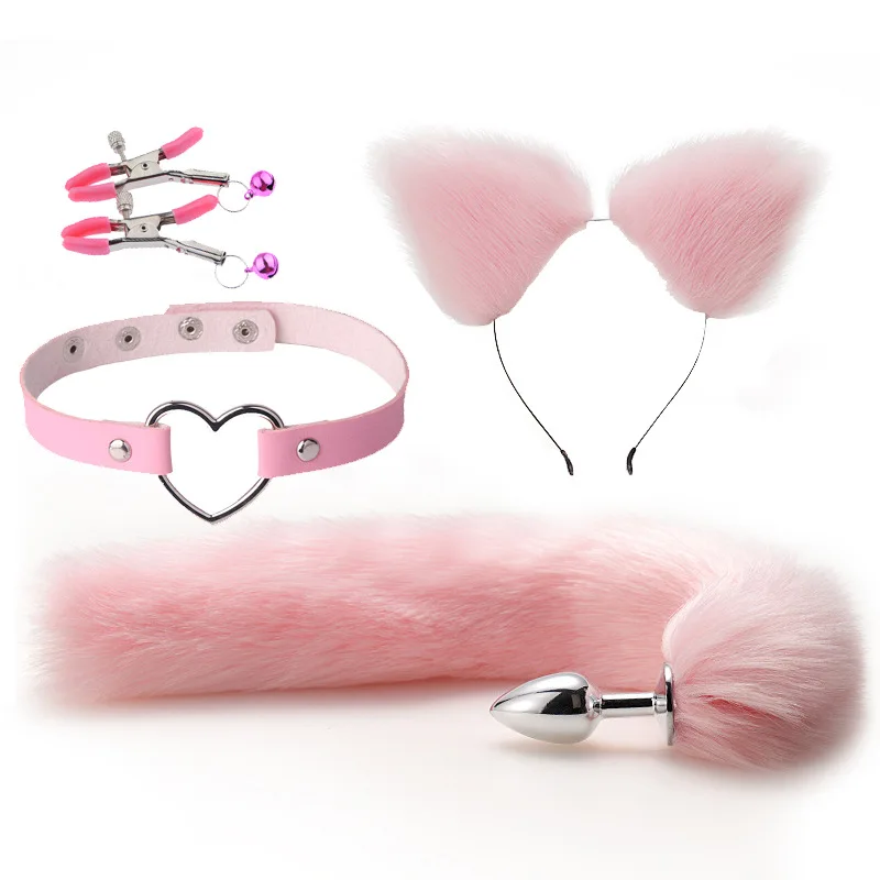 Cute Fox Tail Anal Plug Cat Ears Headbands Set Adult Games Nipple Clip Neck Collar Erotic Cosplay Sex Toys For Women