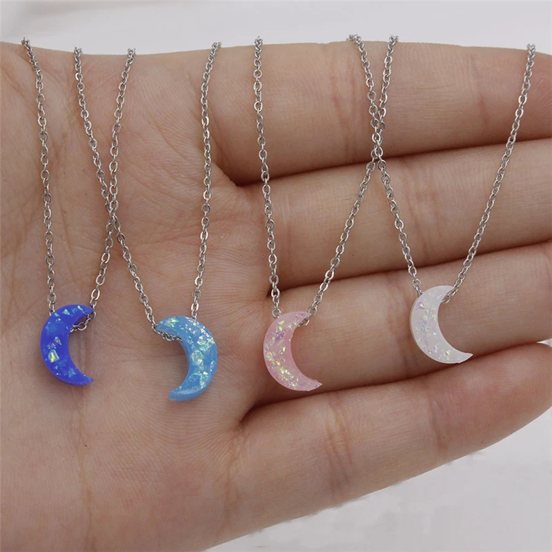 

4 Colors 10mm Moon Shape Opal Stone Pendant Necklace Stainless Steel Gold Chain Collar Jewelry Girlfriend Gifts