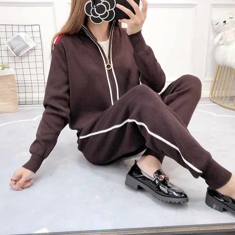 

2020 New Women's Knit Cardigan 2 Piece Set Fashion Zip Casual Two Top And Pants Turtleneck Elastic Waist Average Size Full