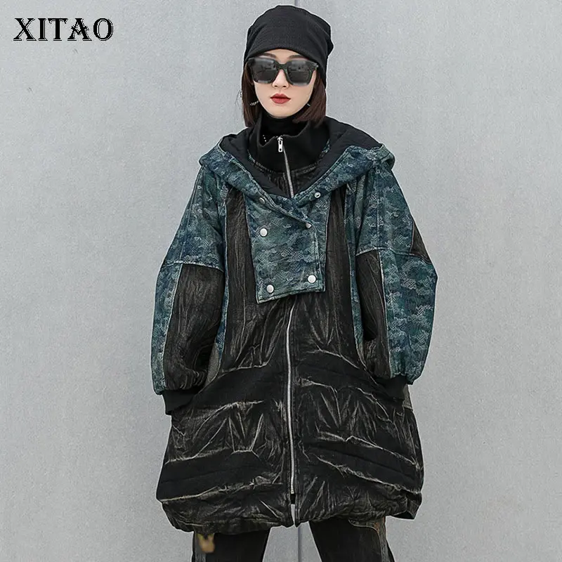 

XITAO, контрастные цвета, джинсовые стеганые пальто, модные, лоскутные, с капюшоном, с воротником, универсальные, уличные, стильные, повседневн...