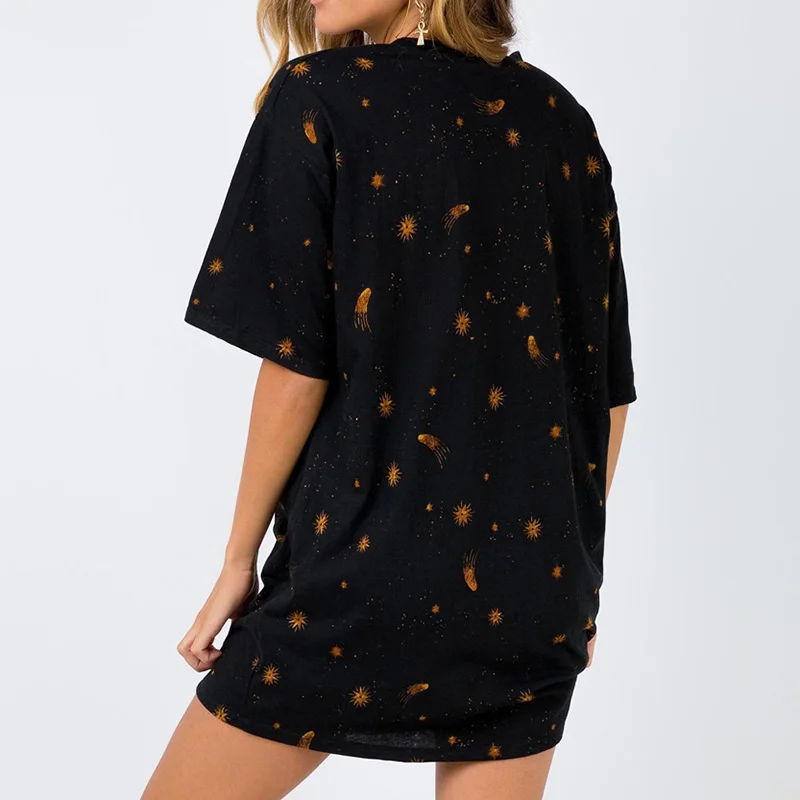 Sun Moon Print Oversize Tops T-shirts Summer Gothic Punk Black Streetwear Women Loose T-shirt Plus Size T Shirts Short Sleeve | Женская