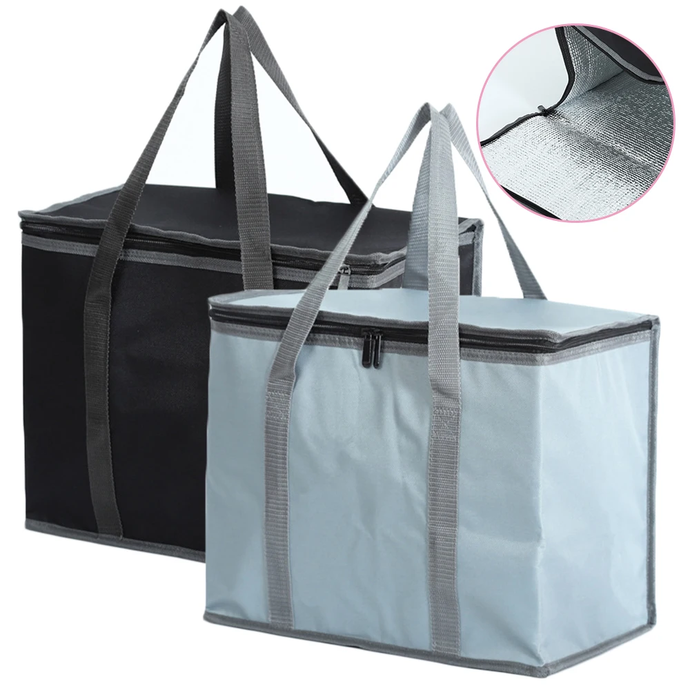

1pc 41*23*33cm Black/Grey Insulated Reusable Grocery Bag Food Delivery Bag With Dual Zipper Oxford Cloth Kitchen Storage