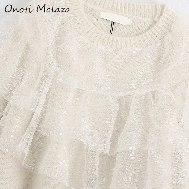 Onoti Molazo Casual Knitted Sweater Pullover Mesh Patchwork Winter Elegant Ladies Chic Pullovers Sweaters Female 2020 Spring New | Женская
