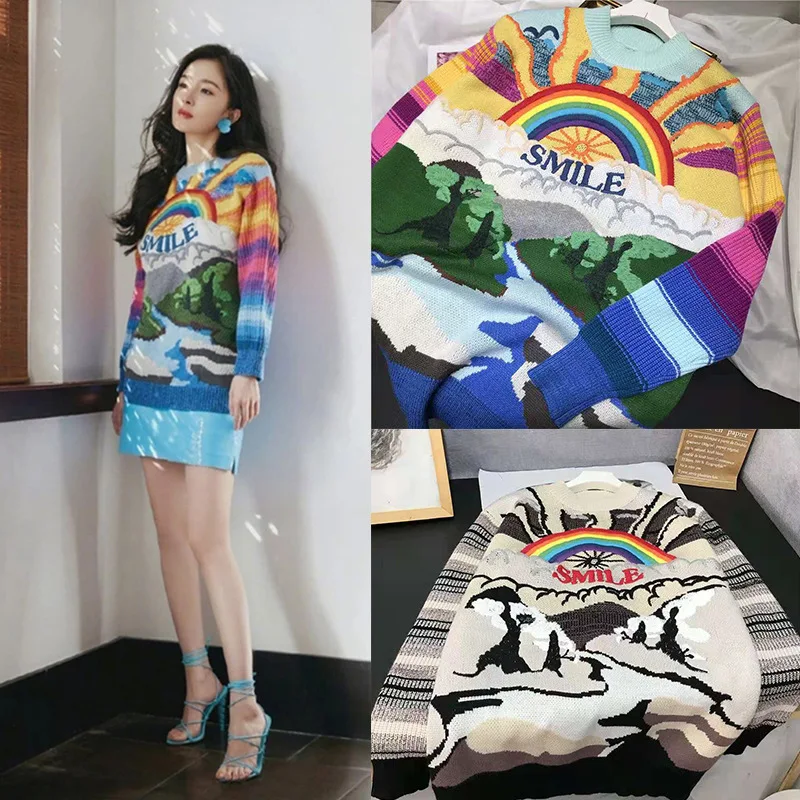 

Новинка Осень-зима 2021ss Женский пуловер с разноцветным принтом Женский вязаный свитер Kawaii Y2k женская одежда Свитшот