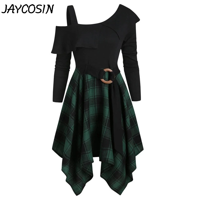 JAYCOSIN женское платье с длинным рукавом асимметричное клетчатое поясом носовой