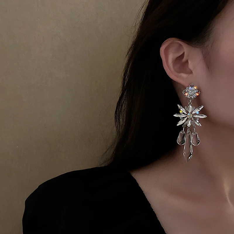 

925 Silver Needle Rhinestone Crystal Long Flower Earrings European And American Fashion Personalized Temperament Earrin