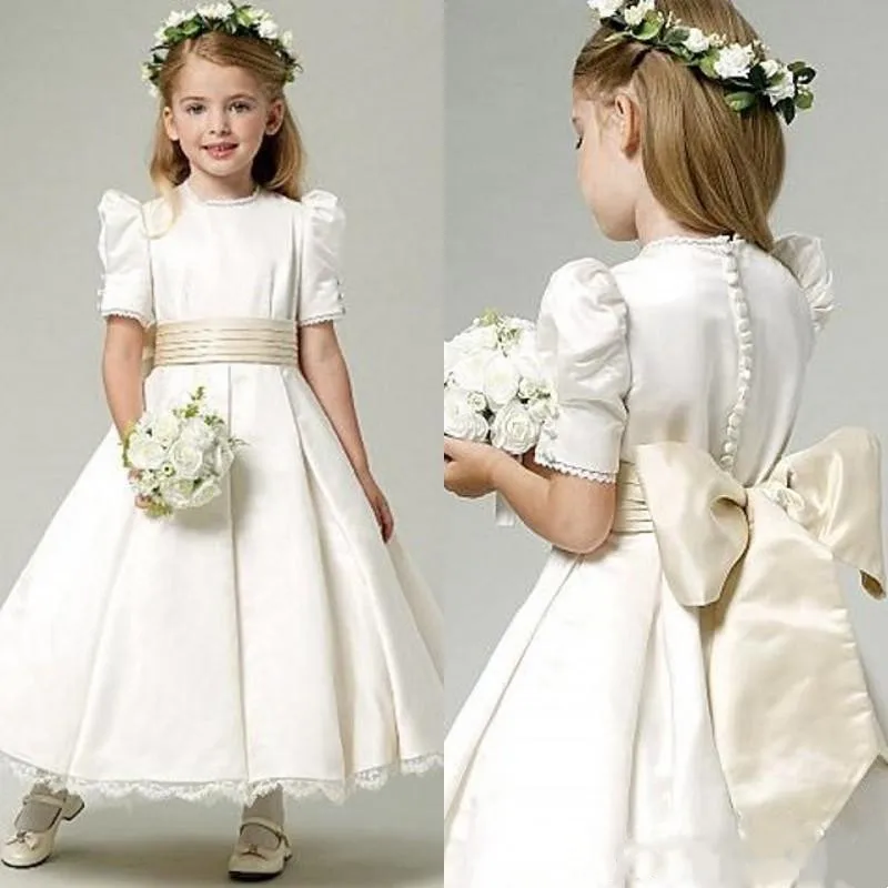 

Vintage Flower Girl Dress Jewel Neck Ankle Length Bubble Short Sleeves Lace Hemline Ivory Satin Flower Girl Dresses With Champag