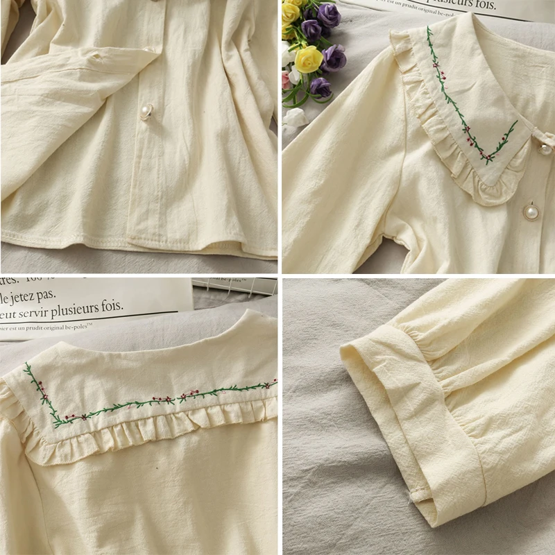 

Shirts Women Full Sleeve Embroidery Peter Pan Collar Lovely Preppy Style Designer Loose All-match Soft Student Females Fashion