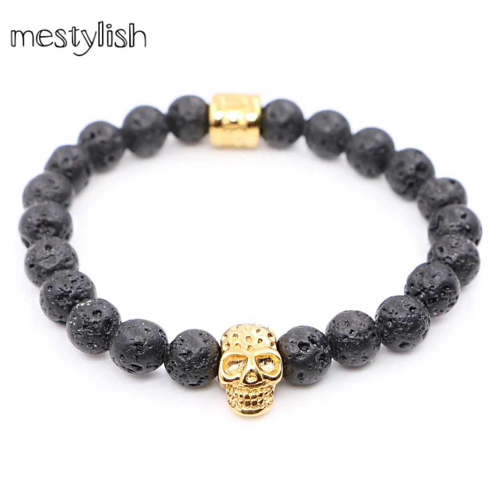 

Браслеты из натурального лавового камня с подвесками в виде черепа из нержавеющей стали