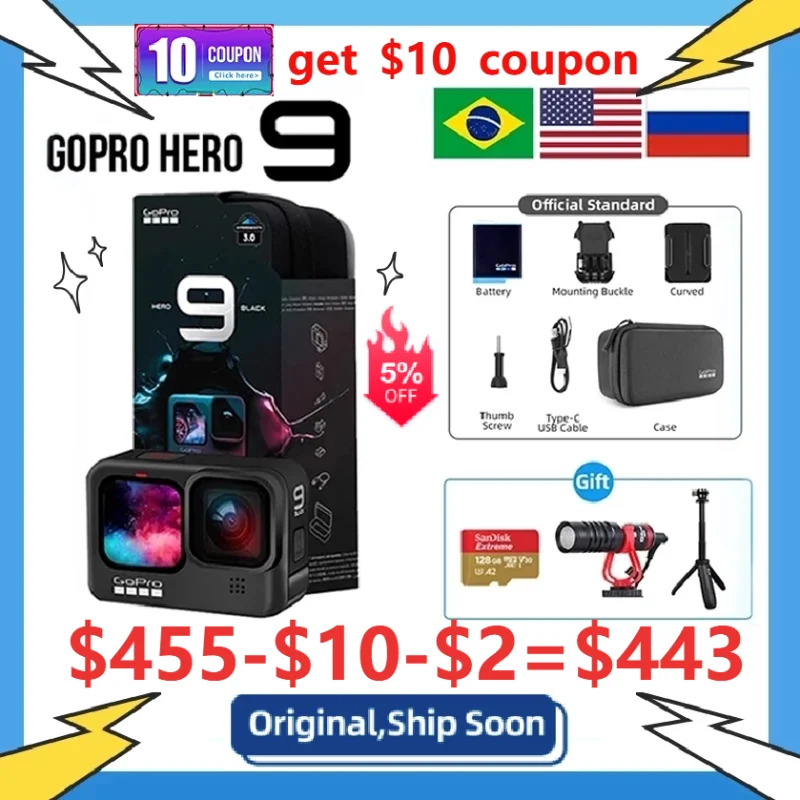 Черная подводная Экшн Камера GoPro HERO 9 4K 5K с цветным передним экраном Спортивная
