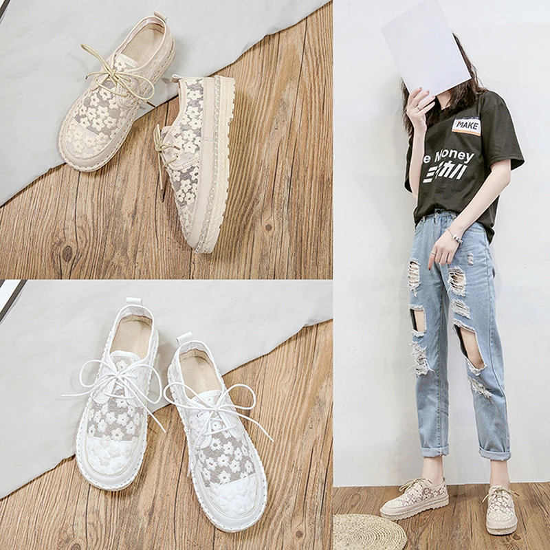 

2021 Summer New Forest Art Casual White Shoes Lace Embroidery Lace Flat Female Shoes Tide 2 Colors Flats For Women Ladies Shoes