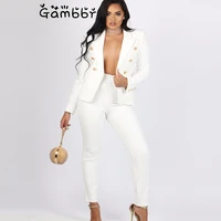vintage double breasted women white pant suits 2 piece set blazer jacket high waist pant 2019 autumn winter office wear suits