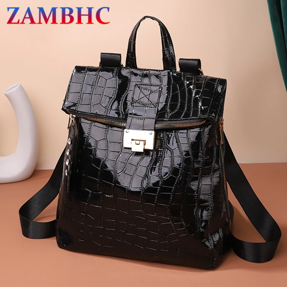 

Crocodile Pattern Lady Backpack Fashion Patent Leather Backpacks for Women 2021 Large Capacity Girls Daily Backbag Brand Mochila