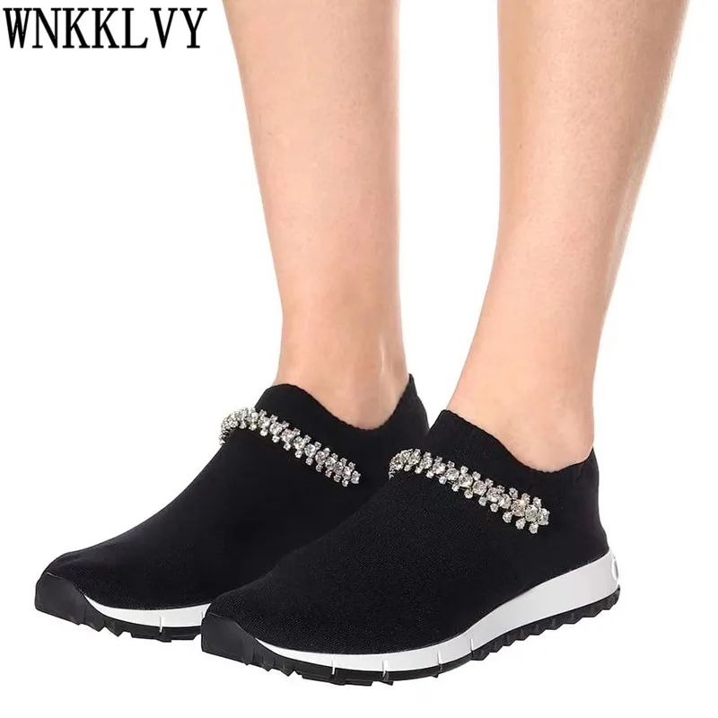 

Knitting Yarn Flat Casual Shoes Women Thick Sole Round Toe Rhinestone Decor Sneakers Spring Comfort Breathable Walk Shoes 2021