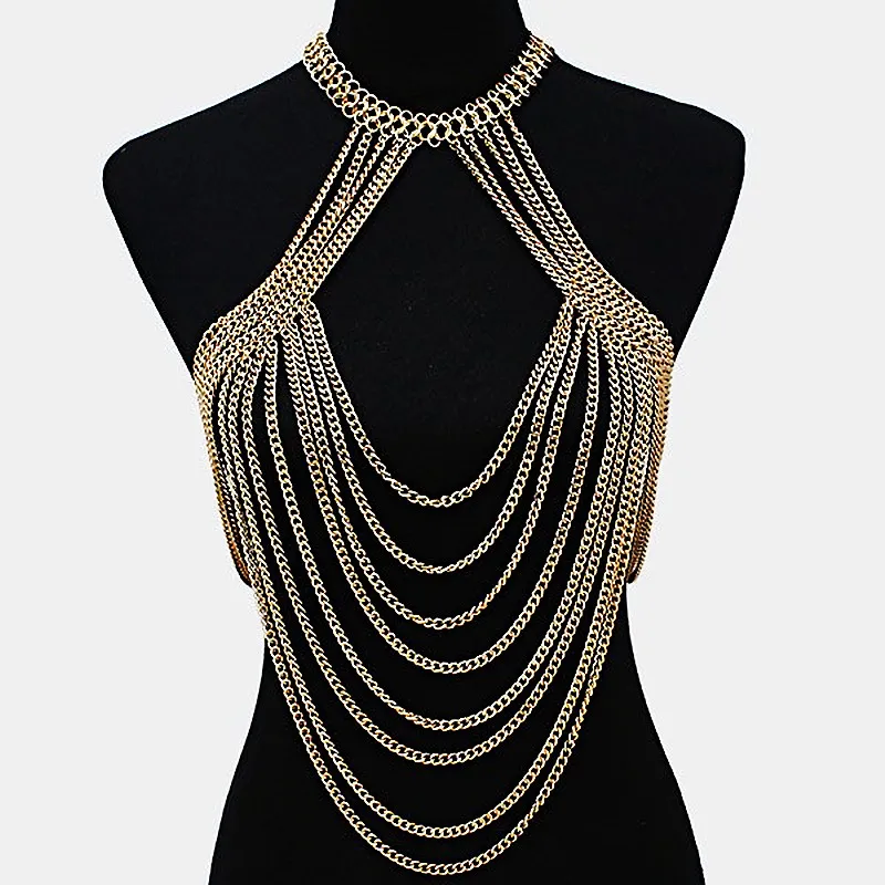 

B00160 Trendy Statement Chainmail Body Chain Jewelry Metal Chains Harness Necklace Street Show Women Accesssories