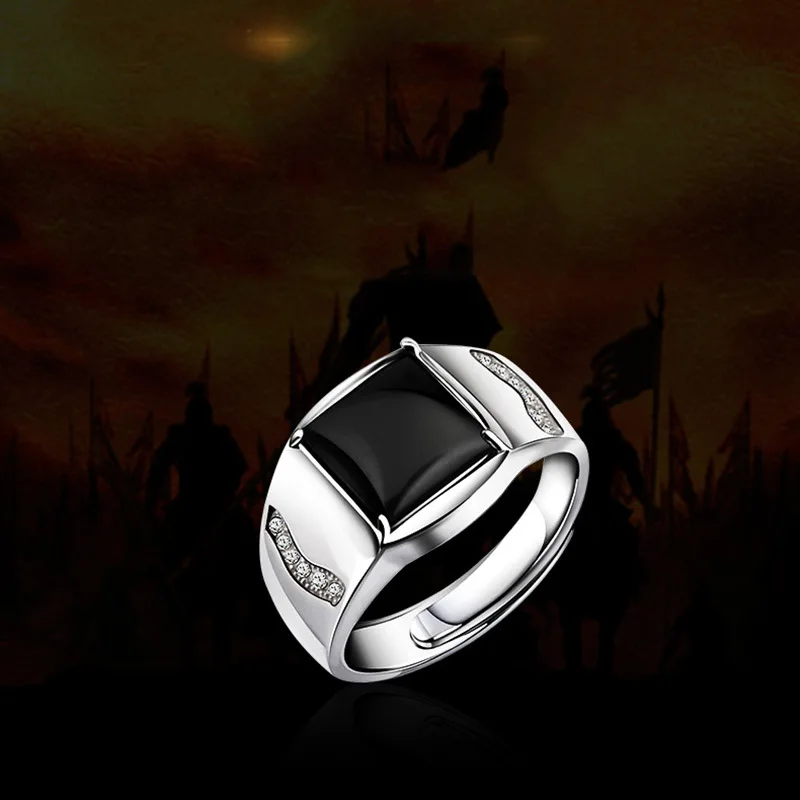 Silver-Plated Ring For Men With Black Square Flat Gel Stone Noble Resizable Кольцо anillos para hombre | Украшения и