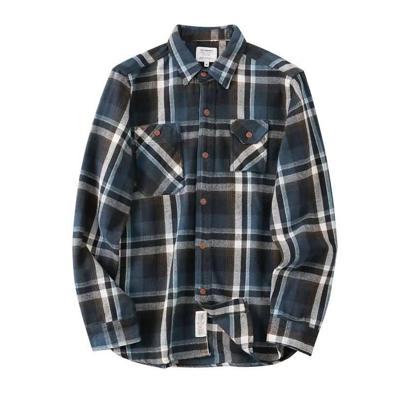 

New Unisex Long Spring Autumn Plaid Blue Brushed Flannel Shirt Jackets for Men Vintage Thick Urban Street Wear