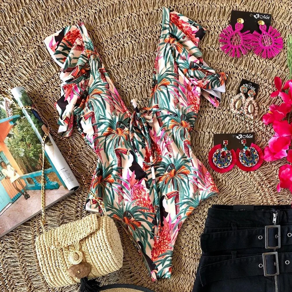 

Слитный купальник 2021, женский купальник с оборками, пуш-ап, монокини, сексуальное боди с V-образным вырезом, купальный костюм, размера плюс, п...