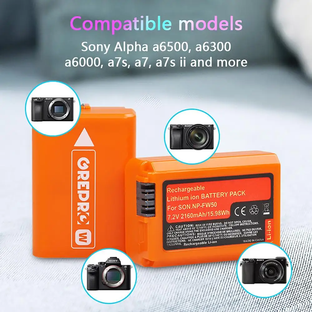 Оранжевый Флуоресцентный аккумулятор NP FW50 (2160 мАч) для Sony Alpha a6500 a6300 a6000 a5000 a3000