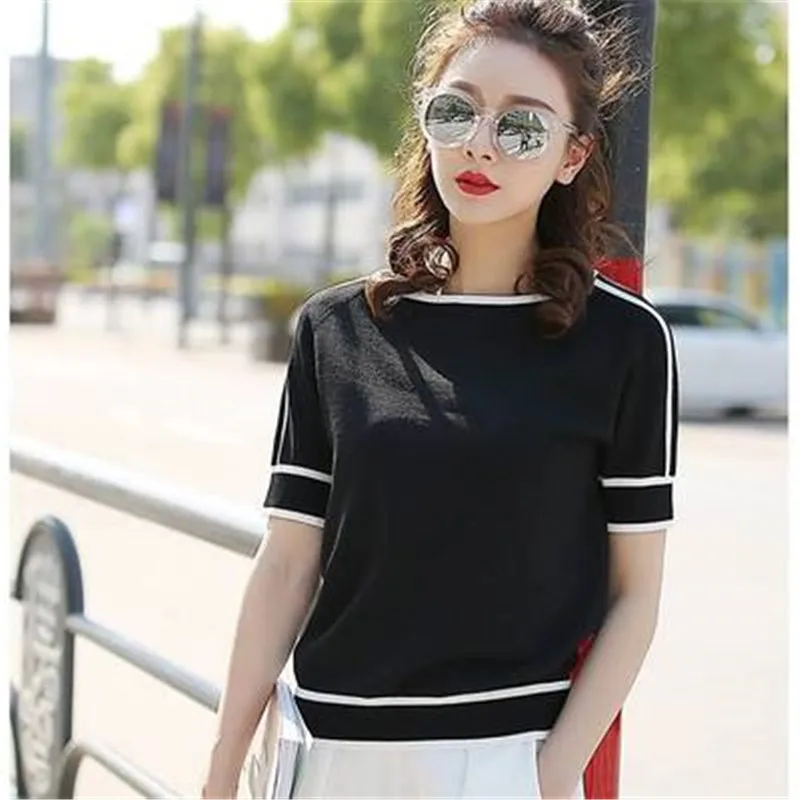 Новая летняя Женская свободная футболка с коротким рукавом Корейская вязаная