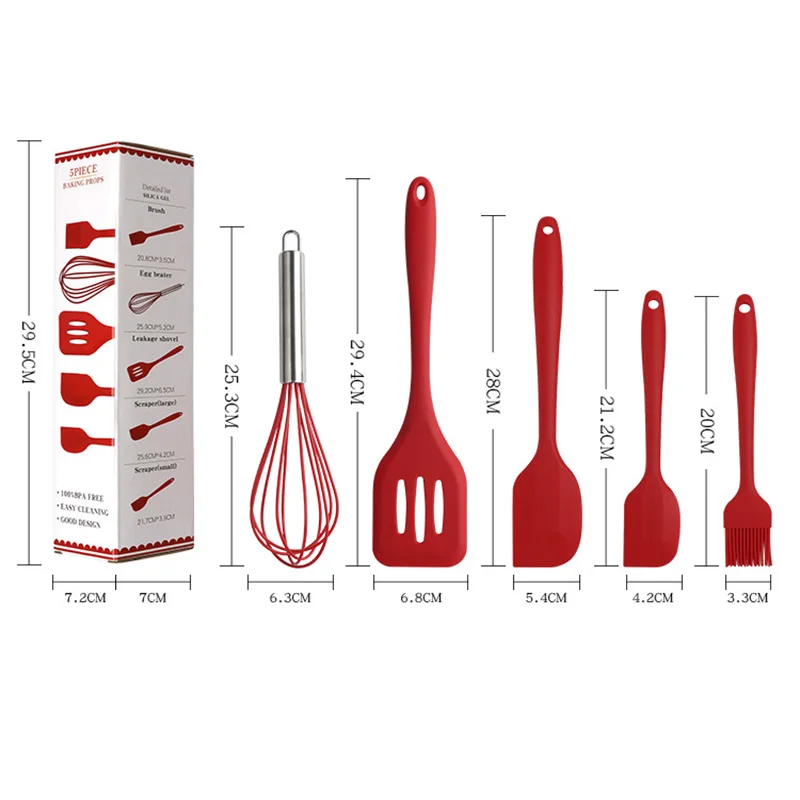 

5 Pcs Silicone Kitchenware Set Heat-Resistant Baking Tools Non-Stick Spatula Scraper Baking Whisk Brush Cooking Utensils