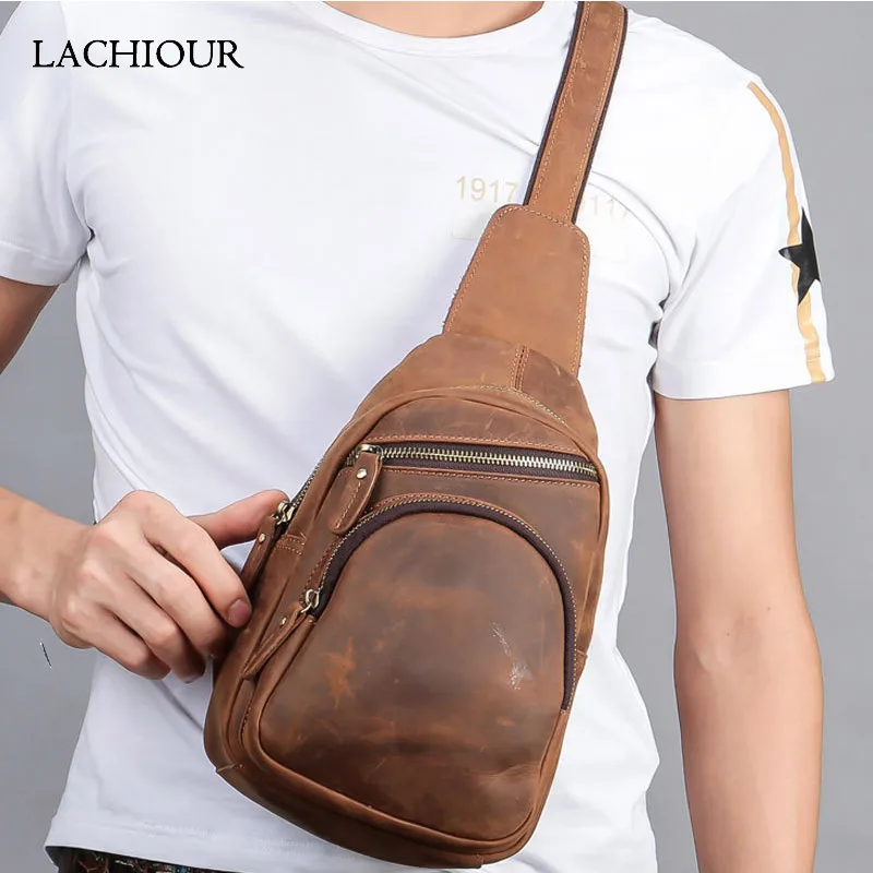 Original Men Genuine Leather Chest Packs Vintage Crazy Horse Travel Sling Shoulder Bag Male Daypack Crossbody Bag Handbags