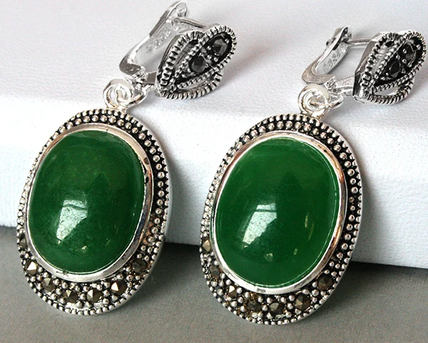 

VINTAGE 925 SILVER GREEN MARCASITE DANGLE HOOK EARRING 11/2" Silver natural gem/jade/coral/opal Marcasite Earrings