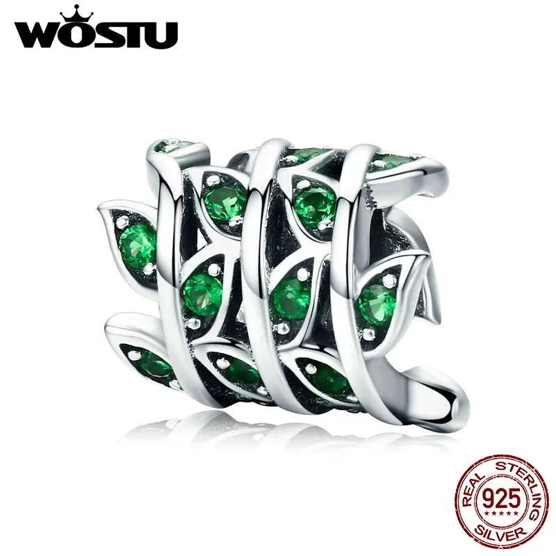 Женский браслет WOSTU из 100% стерлингового серебра 925 пробы с зелеными листьями и