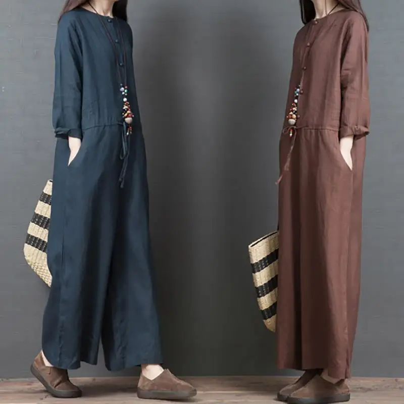 

Cotton And Hemp Jumpsuit Women's Spring And Summer New Loose Large Size Drawstring Slim Long Sleeve Top Wide Leg Long Jumpsuit