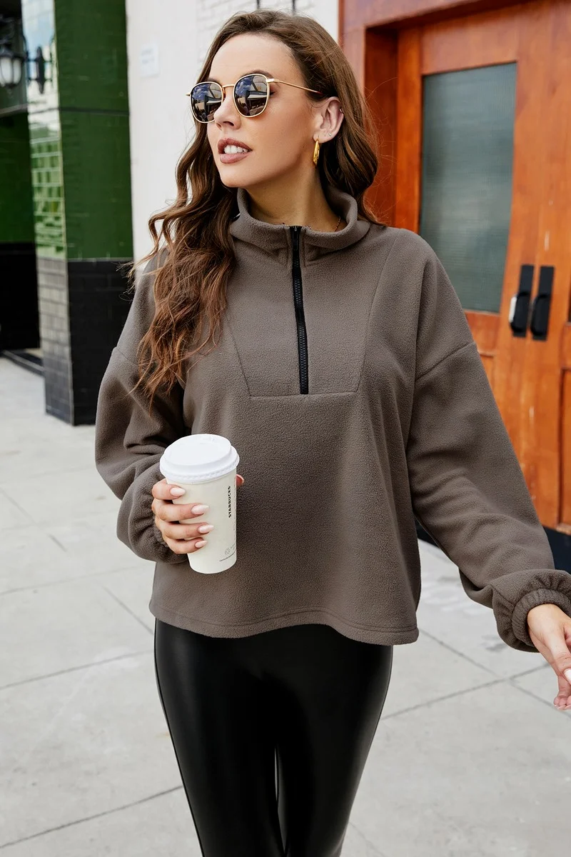 Solid Colors Polar Fleece Sweatshirts Women Stand Collar Loose Casual Pullovers Autumn Winter Warm Leisure Loose Commute Tops