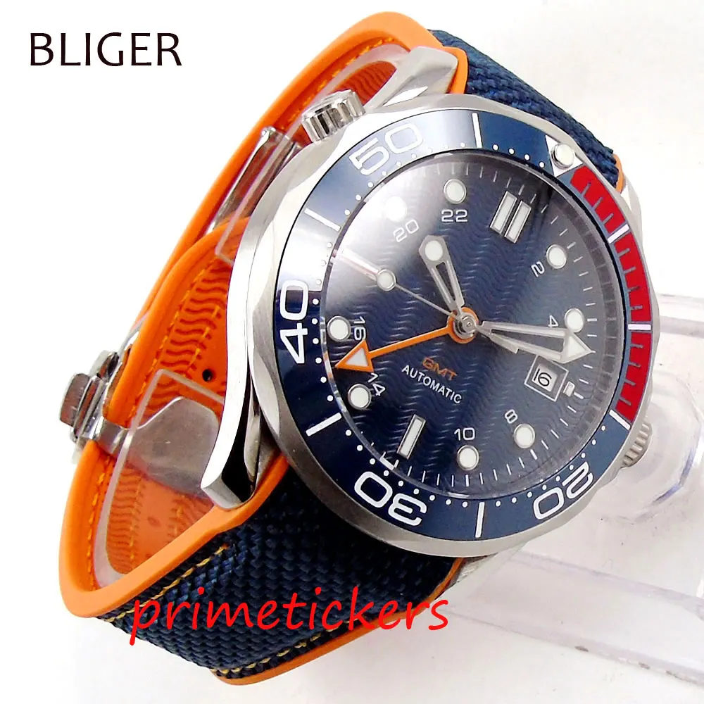 Мужские автоматические часы BLIGER 41 мм GMT Светящийся синий циферблат Дата