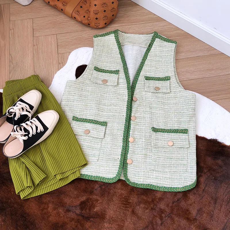 Женский твидовый жилет в клетку HLHPYHB с зелеными полосками|Жилеты и безрукавки| |