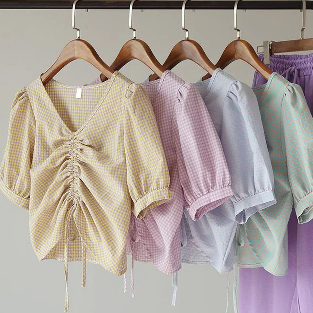 2020 Women Puff Sleeve Drawstring Small Plaid V-Neck Shirt Korean Chic Ladies Smock Ruched Short Blouses Femininas Tops |
