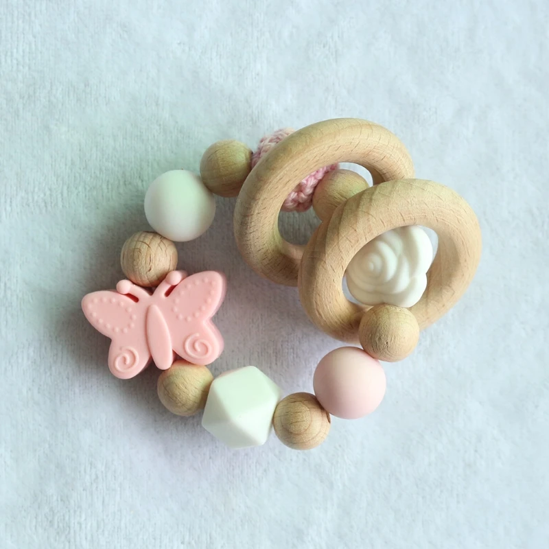 

Baby Pram Pendant Rattle Pacifier Chain Clip Bracelet Infants Wooden Teether Toy F3ME