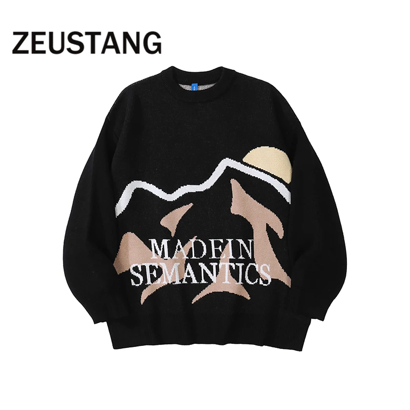 

Zeustang Knitted Sweaters Streetwear Men Hip Hop O-Neckline Casual Pullover Knitwear Fashion Tops Knit Outwear
