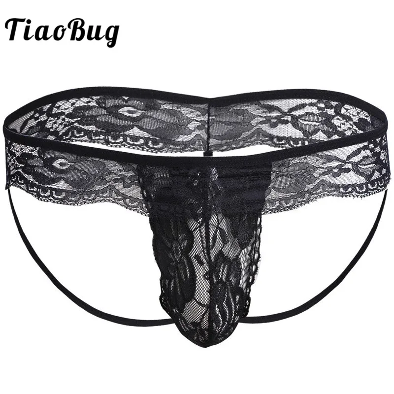 

TiaoBug Sexy Men's Lingerie Lace See-through Sissy Panties Bikini Open Butt G-string Thongs Hombre Gay Underwear Underpants