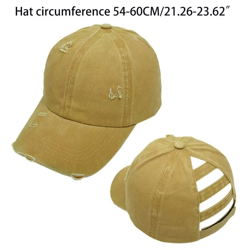 

Women Vintage Distressed Washed Cotton Baseball Cap Solid Color Hollow Out Ladder Ponytail Hole Adjustable Snapback Hat