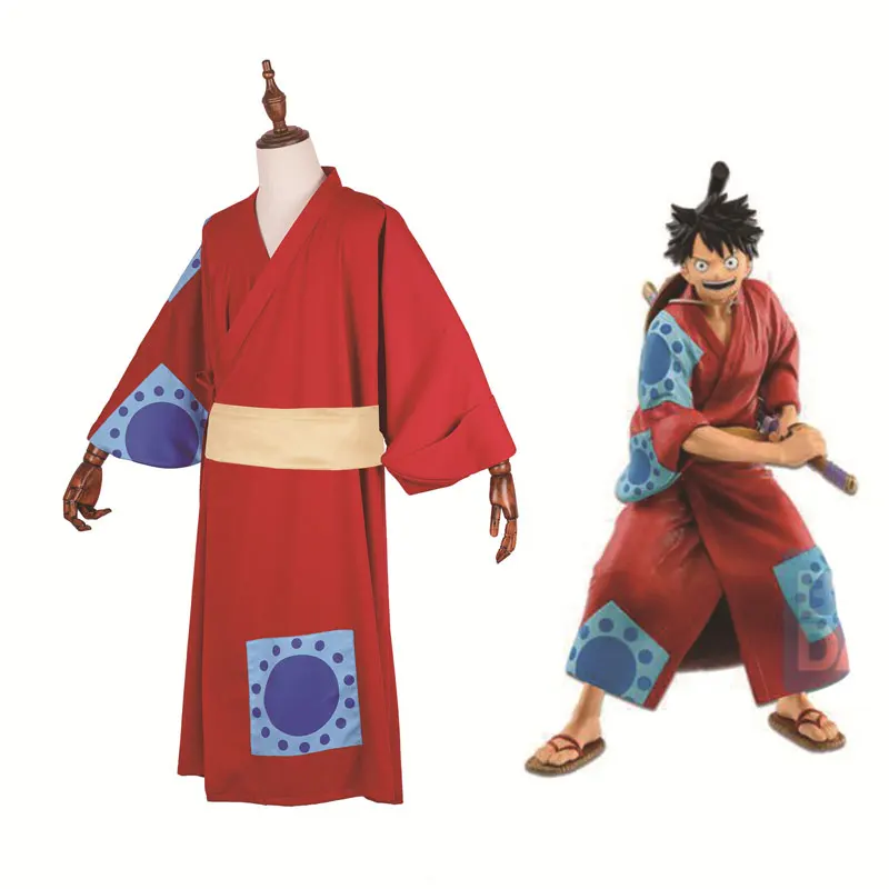 

Classic Japanese Man One Piece Straw Hat Kid Monge Luffy Red Kimono Cosplay Costume Anime Halloween Perform Men Game Clothing