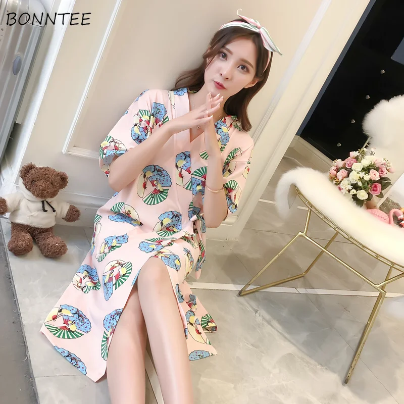 Женский хлопковый банный халат с коротким рукавом и цветочным принтом|Халаты| |