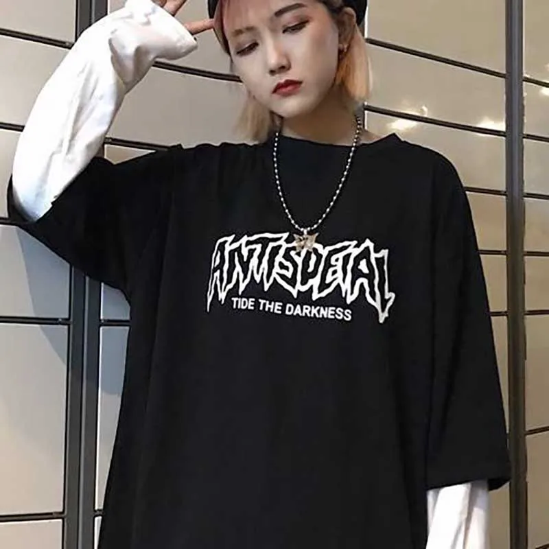 NiceMix Harajuku футболка женская поддельная 2 шт. принт японский Fujiang Ужасы комиксы длинный рукав рубашка Женская Vetement Femme