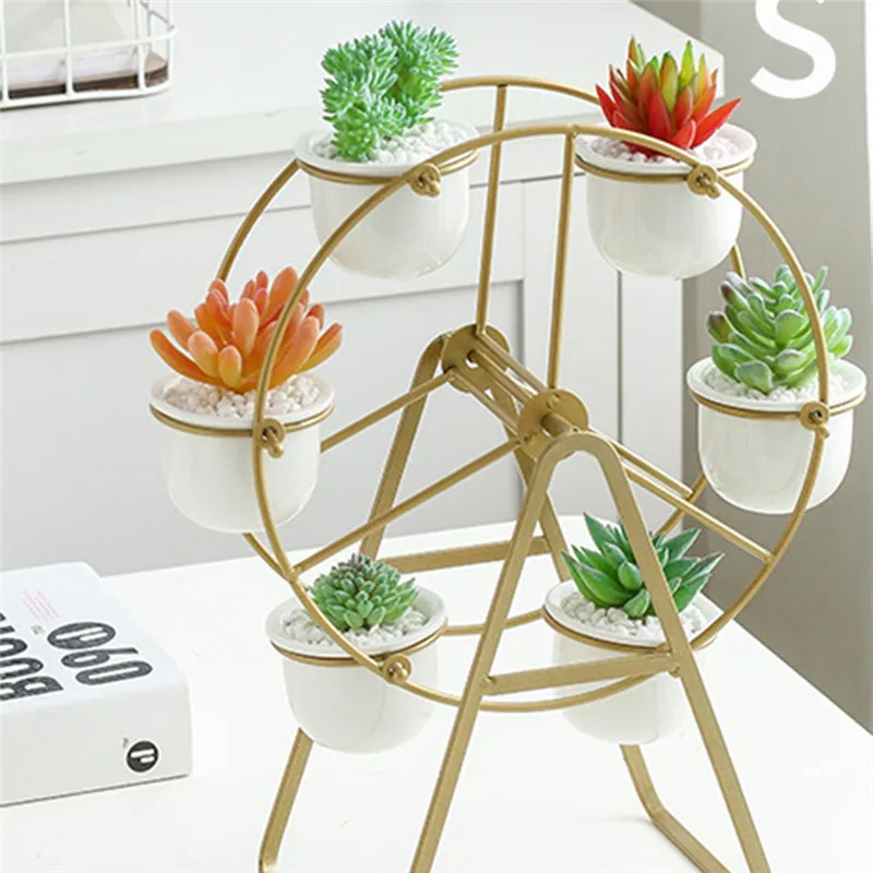 

Ferris Wheel Plant Stand with 6 Succulent Pots Decorative Ceramic Flower Planter Pot Stand for Home Office Desk Simple white