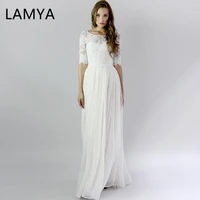 lamya lace beach boho wedding dresses o neck appliques bridal dress spaghetti straps vestido de noiva chiffon wedding gowns