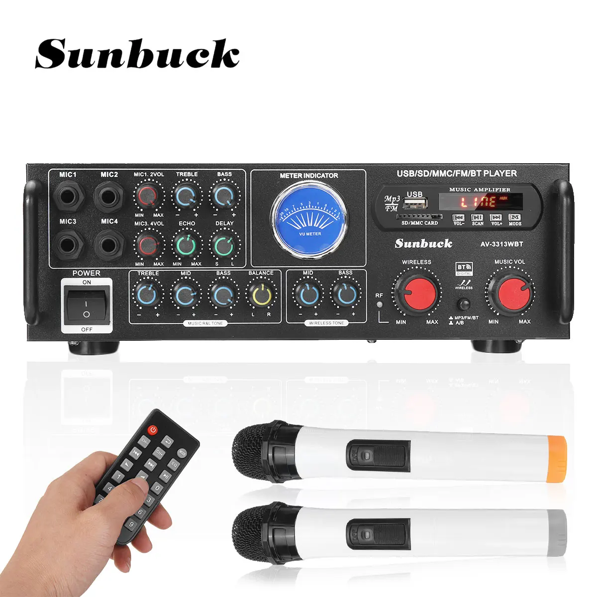 

Усилитель мощности звука SUNBUCK, Hi-Fi, 110/220 В переменного тока, 2 беспроводных микрофона