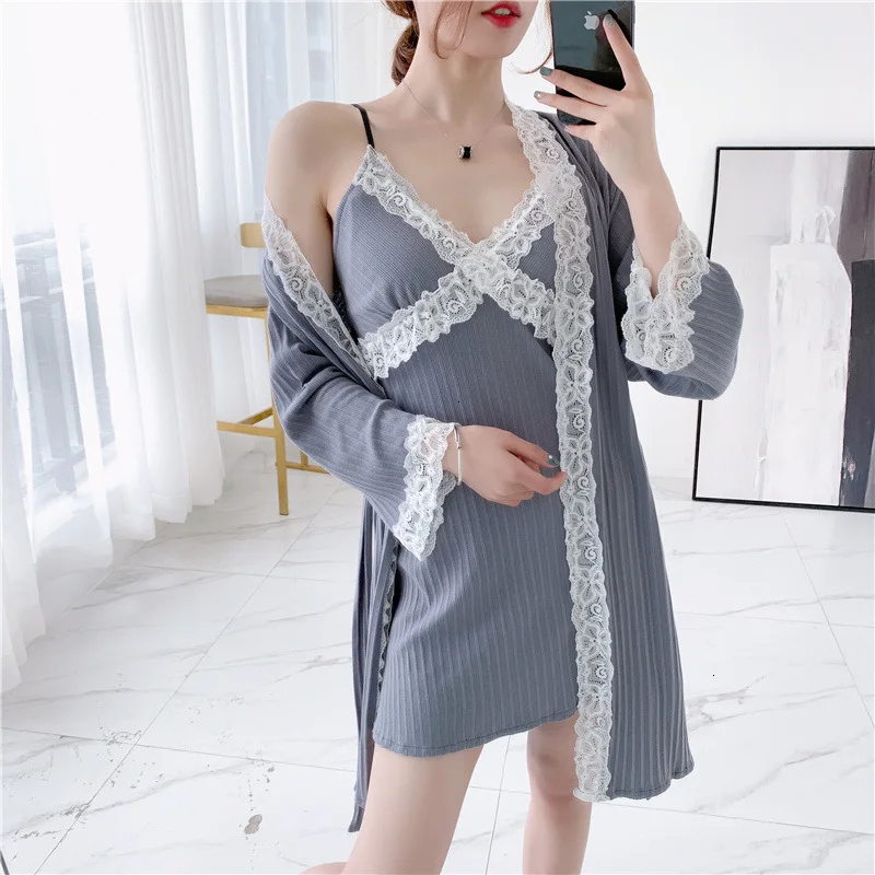 Осенний Новый хлопковый женский халат кружевной сексуальный спагетти ремень